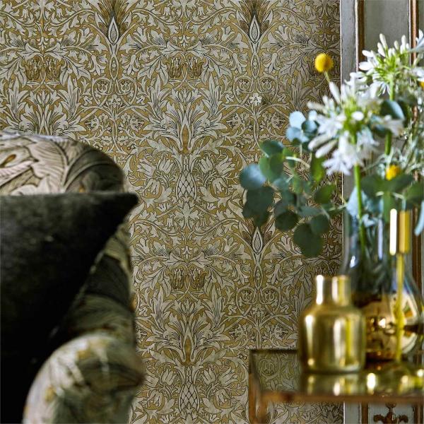 2 Morris Snakeshead wallpaper golden detail botanical damask style library