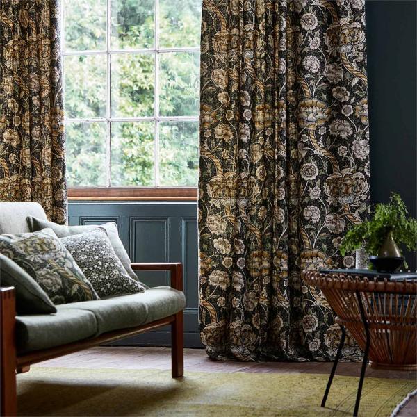 2 Morris Wandle botanical blue curtains detail living room style library