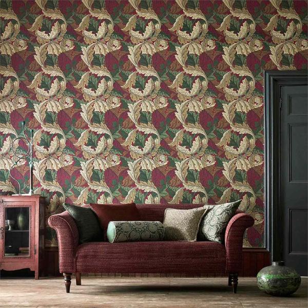 Morris Acanthus living room red colourway golden botanical style library